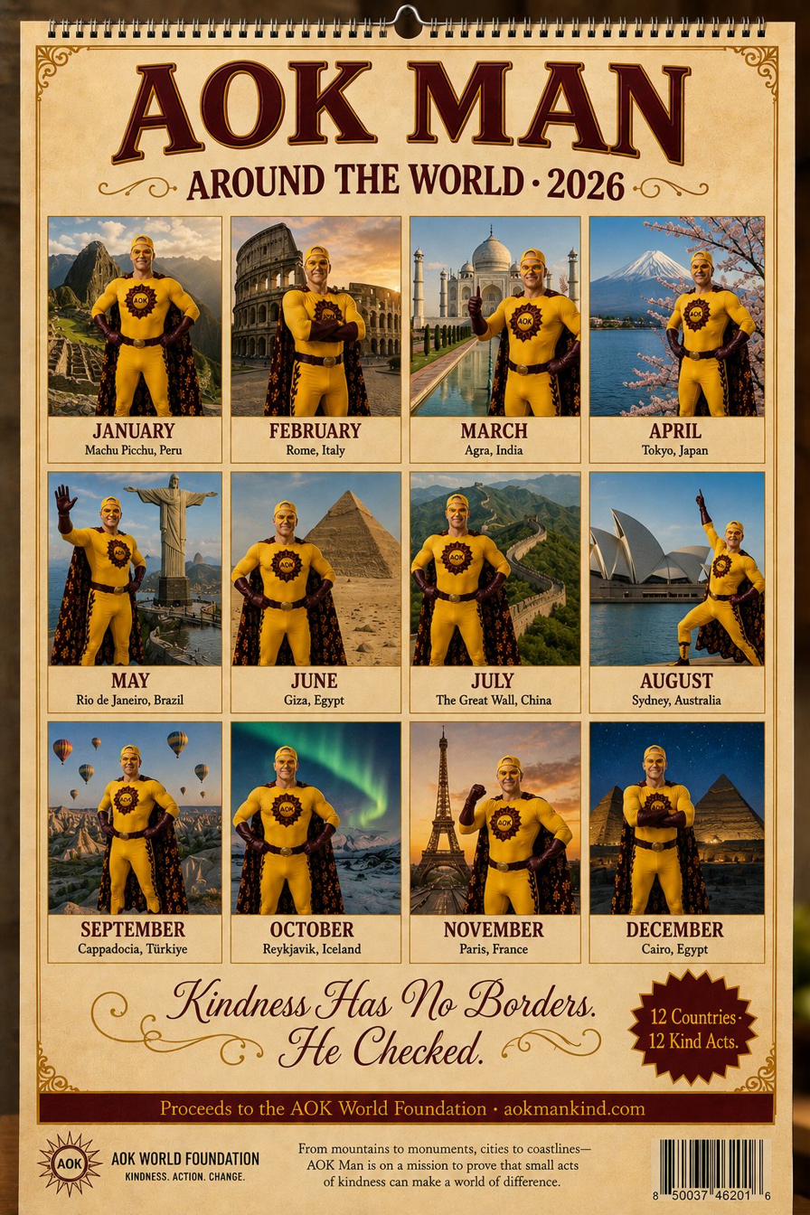 All twelve months: AOK Man posing at a world landmark for each month of 2026