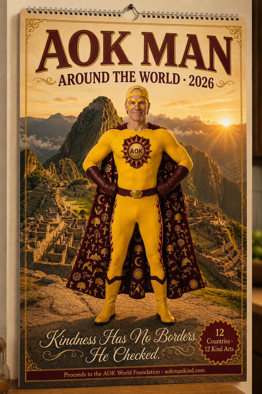 AOK Man Around the World 2026 calendar cover, posing at Machu Picchu
