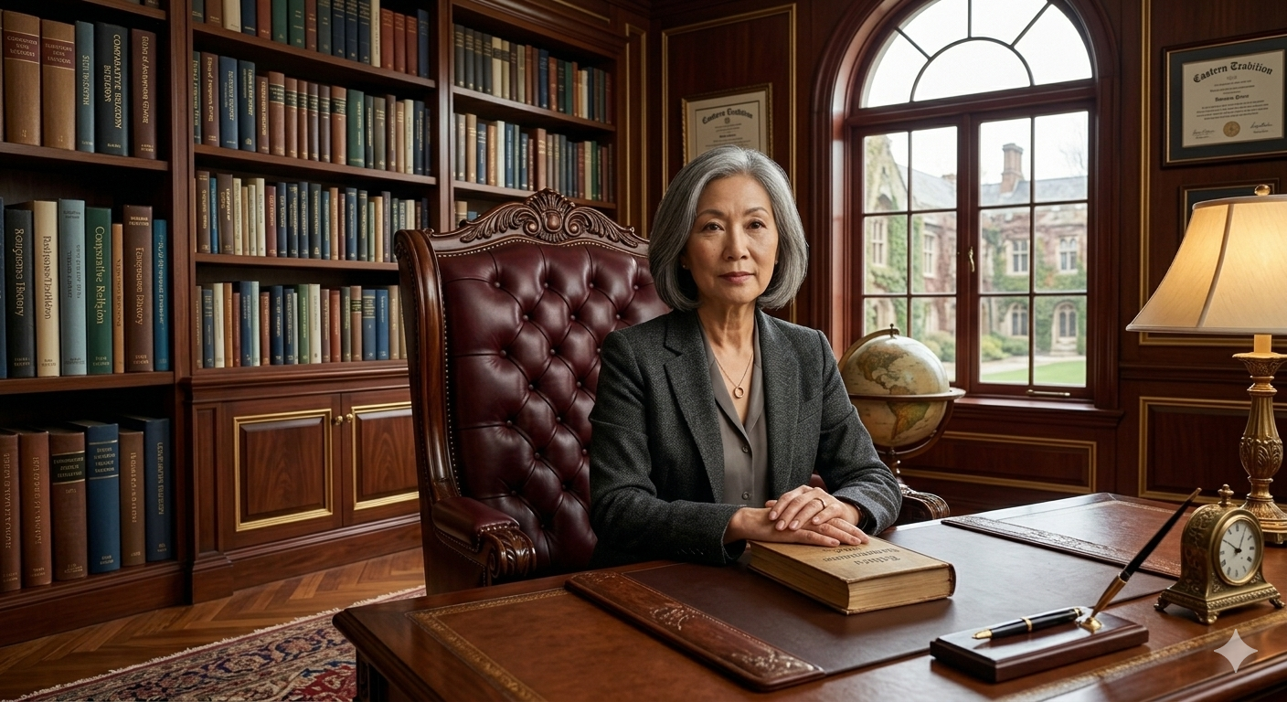 Dr. Theodora Grace — scholar of comparative religion, the Council's only credentialed voice