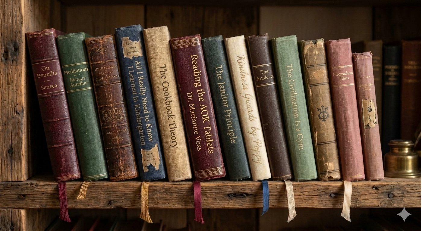 The civilization's working library — rustic wooden shelf of aged, well-read volumes including On Benefits by Seneca, Meditations by Marcus Aurelius, All I Really Need to Know I Learned in Kindergarten, The Cookbook Theory, The Janitor Principle, Reading the AOK Tablets by Dr. Marianne Voss, The Analects, The Civilization Is a Gym, and Nicomachean Ethics