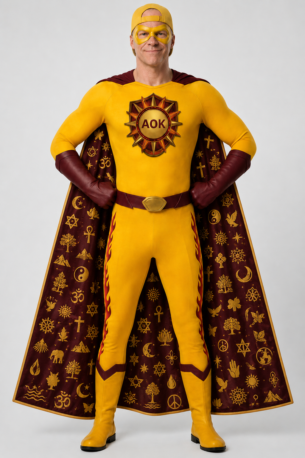 AOK Man standing with his cape spread open, revealing the symbols of the world's faiths and the living earth