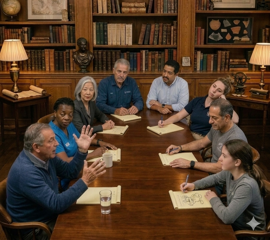The Council of Nine in session — eight working citizens around the Council's round table, mid-debate.