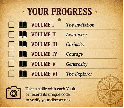 Your Progress — Volumes I–VI. Take a selfie with each Vault.