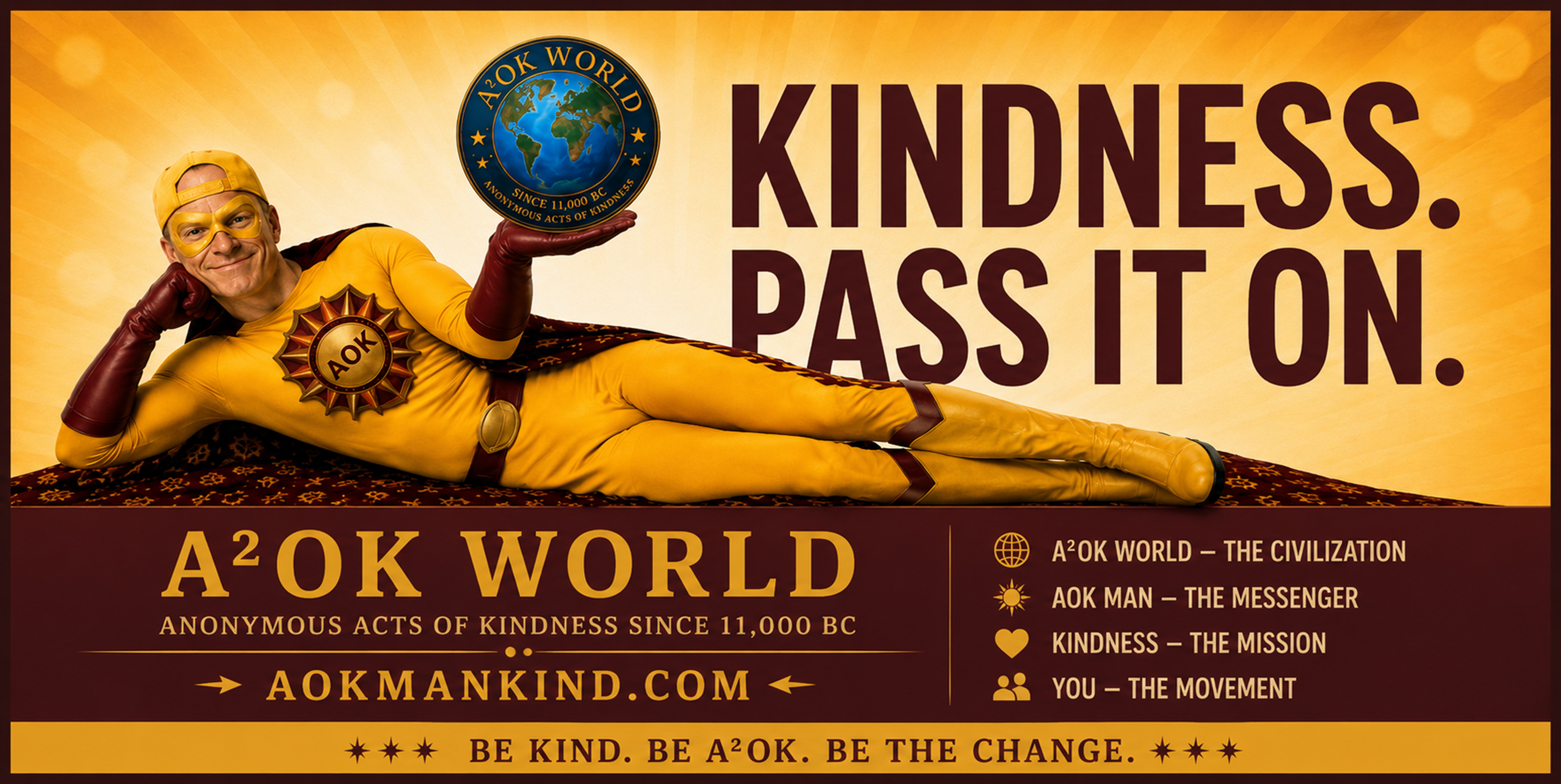 Kindness. Pass it on. A²OK World — the civilization · AOK Man — the messenger · Kindness — the mission · You — the movement