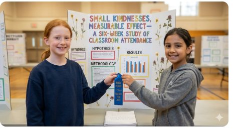 Sofia Calma and Valentina Alcance holding their first-place ribbon at the Magnolia Elementary science fair