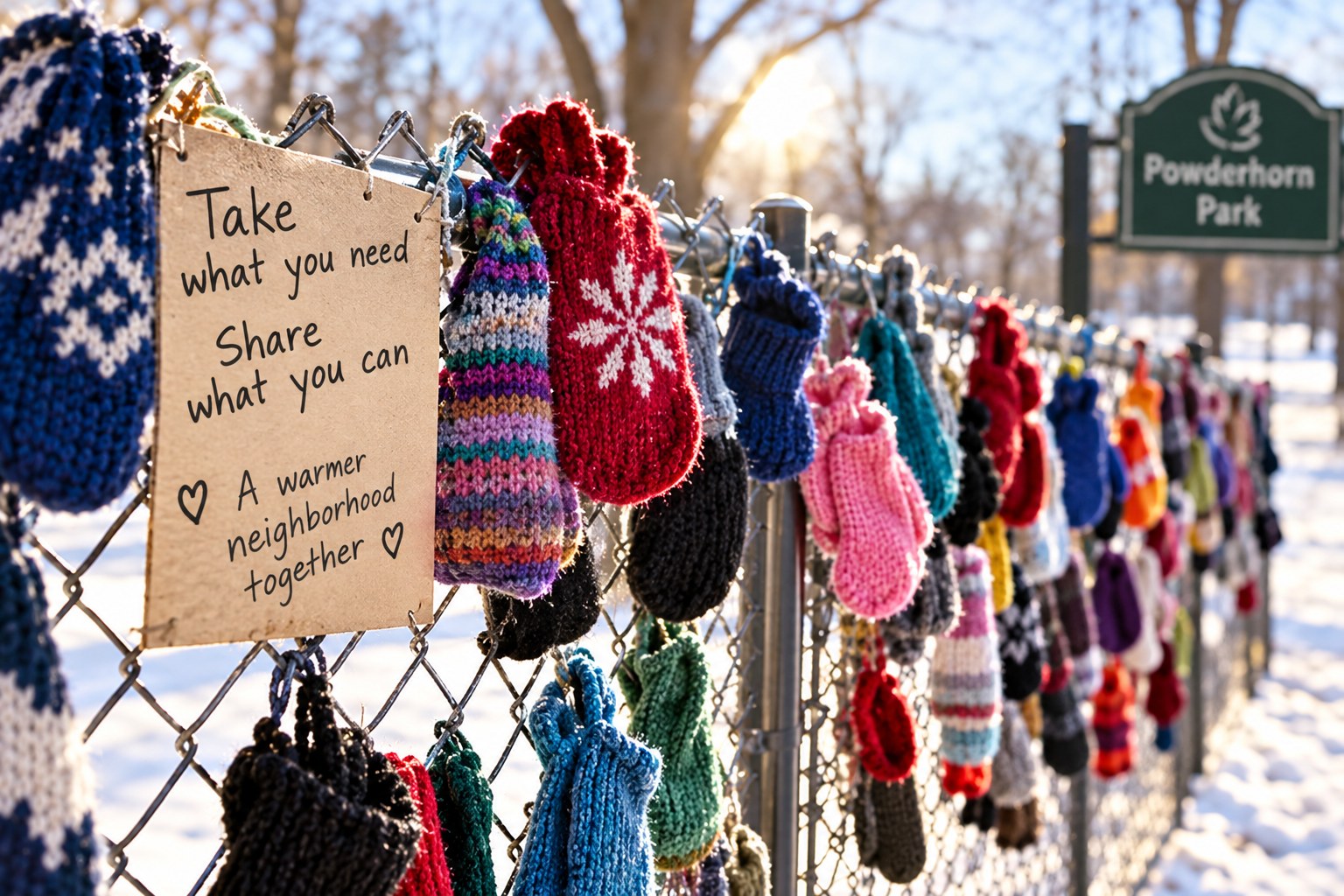 Hand-knit mittens hung along a chain-link fence in the snow at Powderhorn Park